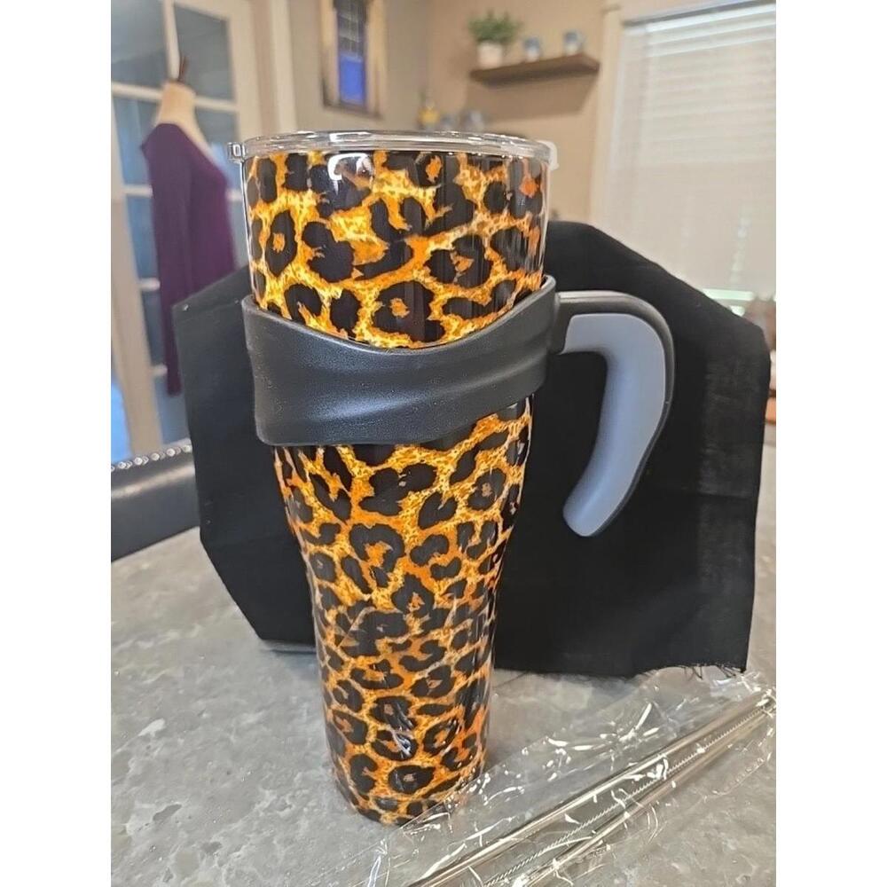 40 oz Tumbler Brown Leopard print insulated stainless steel cup lid straw bottle